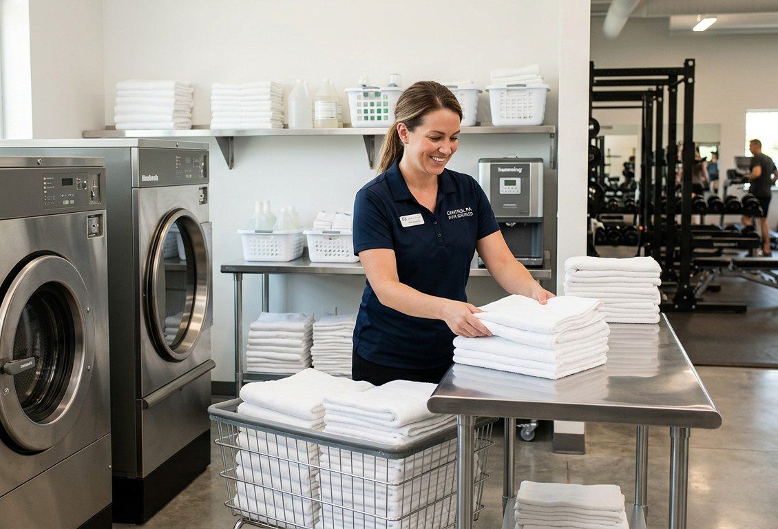 A woman holding fresh towels.